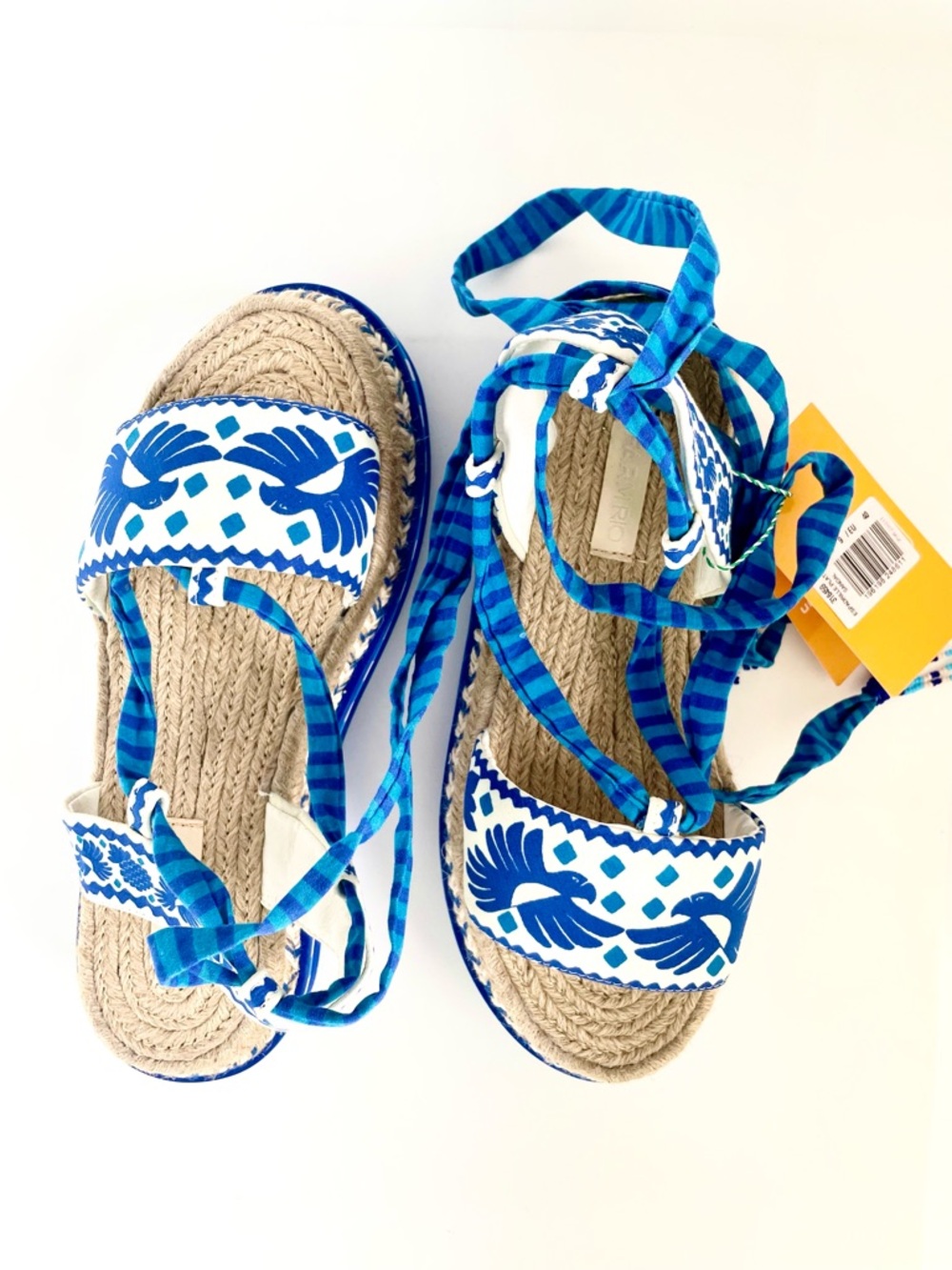 FARM Rio Blue Jungle Scarf Beaded Toucan Espadrille Platform Sandals NWT 9 EU 40